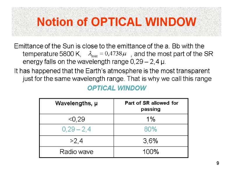 9 Notion of OPTICAL WINDOW Emittance of the Sun is close to the emittance